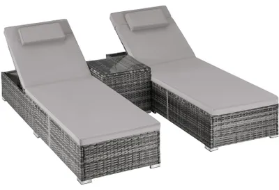 Produktbild von tectake® Rattan-Doppelliege mit Tisch Carbonera, verstellbare Lehne, 2 Sonnenliegen mit Kopfpolster und Glasplattentisch, grau