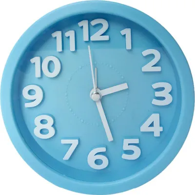A close-up shot of a light blue analog alarm clock against a white background.
