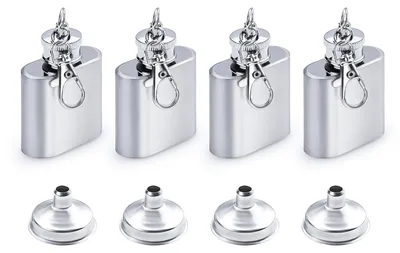 Zdjęcie produktu dla Mini piersiówka brelok 1 oz, 4 sztuki, szczelna stal nierdzewna, do podróży, zawiera 4 lejki