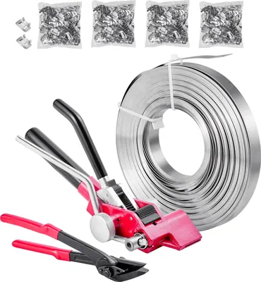 Immagine prodotto di SucceBuy Kit di reggette in acciaio in 4 pezzi, strumento manuale per reggiare con 122 metri di reggette metalliche, 400 graffette metalliche e utensile da taglio, ideale per l'imballaggio, il trasporto e lo stoccaggio in officina