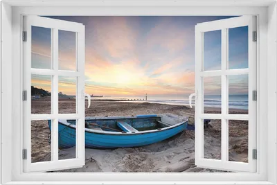 Produktbild von Wallario Wandbild mit Fenster-Illusion: Fischerboot am Strand bei Sonnenuntergang, Größe: 61 x 91,5 cm, Poster mit rahmenlosen Bildhalter
