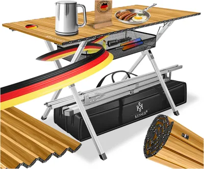 Image de Table de camping KESSER® pliable, supportant jusqu'à 100 kg, avec cadre en aluminium et plateau enroulable, livrée avec sac de transport, sangle de transport et pochette en filet, aspect bois