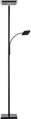 A black LED floor lamp with a square base and a curved arm supporting a square light fixture.