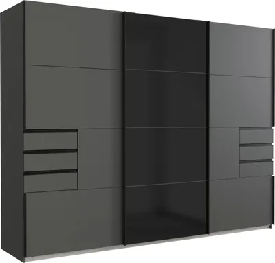 Produktbild von Schwebetürenschrank "Barcelona" in GRPAHIT + GLAS SCHWARZ mit 6 Schubladen und 3 Türen. Abmessungen (BxH) 270x208 cm