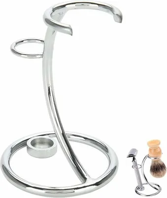 Obrázek produktu pro Kovový stojan na holicí strojek a štětku, robustní držák na holicí strojek, profesionální sada na holení, design 2 v 1 v zakřiveném tvaru pro muže, na doma i na cesty - stříbrný