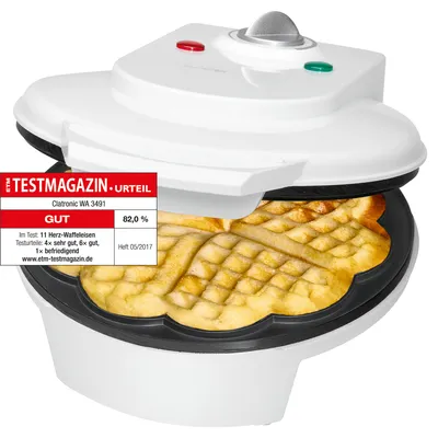 Produktbild von Clatronic Waffeleisen mit ca. Ø 18 cm Backfläche | Herzform | mit stufenlos einstellbaren Bräunungsgrad & 2 Kontrollleuchten | 1200W | WA 3491 weiß