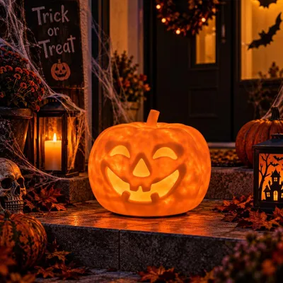 Produktbild von MeLiTec LED Kürbis Aurora – Halloween Dekoleuchte mit bewegtem RGBW-Lichteffekt, Solar & Fernbedienung