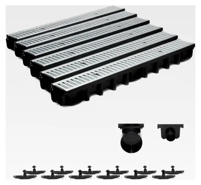 Produktbild von 6m Entwässerungsrinne Terrassenrinne mit verzinktem Stahlrost, komplett SET, System A15 98mm