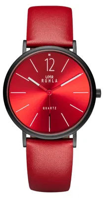 Produktbild von UMR Ruhla Style Damen Uhr - rotes Zifferblatt mit weißen Balken und Lederarmband - Edelstahl - 20252-1rt