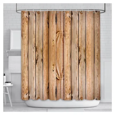 Produktbild von Duschvorhang aus Holz im rustikalen Landhausstil, Wanddekoration, Badvorhänge mit 12 Haken, wasserdicht, 180 x 180 cm