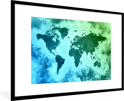 Produktbild von MuchoWow® MuchoWow® Gerahmtes Poster Weltkarte - Blau - Grün 90x60 cm - Poster mit zchwarzem Bilderrahmen - Wanddekoration - Fotos