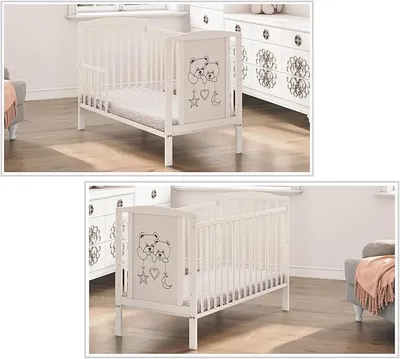 Image de Lit bébé avec matelas 60x120 cm – Lit à barreaux – Modèle "Deux Ours" – Blanc – Convertible en lit pour enfant – Réglable en hauteur sur 3 positions – Barreaux amovibles