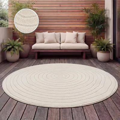 Produktbild von Outdoor Teppich Wetterfest Balkon Wohnzimmer Skandinavisch Boho Einfarbig Creme Grösse 160 cm Rund