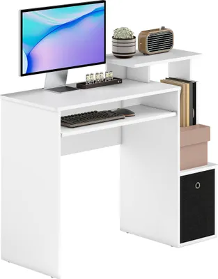 Image de HOMCOM Bureau Informatique multimédia étagères Tablette Clavier Panier Noir Panneaux Particules Blanc