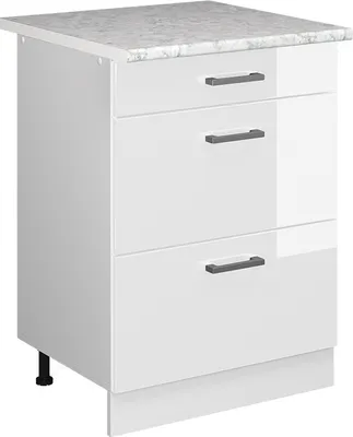 Zdjęcie produktu dla Vicco Szafka dolna do kuchni R-Line, 60 cm z szufladami BR Marmur, Biały wysoki połysk/Biały