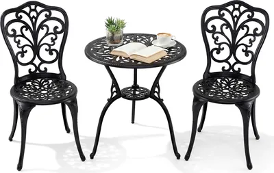 Immagine prodotto di COSTWAY Set di mobili da giardino 3 pezzi, tavolo da bistrot con 2 sedie e foro per ombrellone, set da bistrot, mobili da balcone in alluminio pressofuso, set da giardino, set di sedute nero