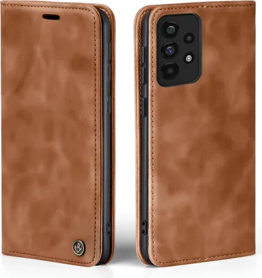 A brown leather flip case for a Samsung Galaxy A73 5G phone is shown from two angles.