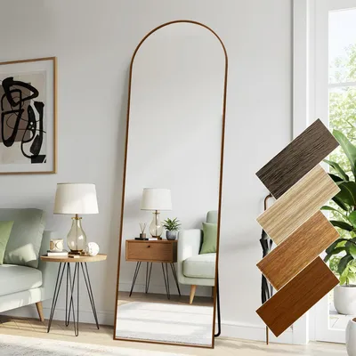 Obrázek produktu pro Zrcadlo na celé tělo, rozměry 52 x 161 cm, zakřivené, barva červenohnědá, vzhled dřeva, hliníkový rám