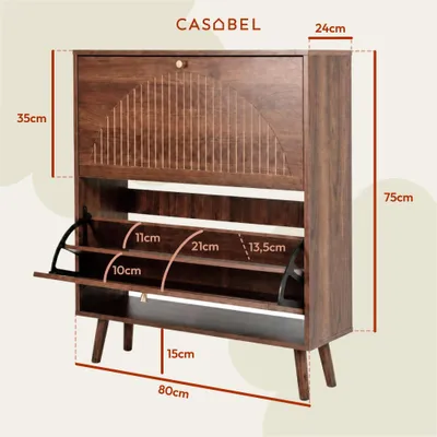 Produktbild von CASABEL Schuhschrank mit 2 Klappen, Retro-Stil, Dunkles Holz