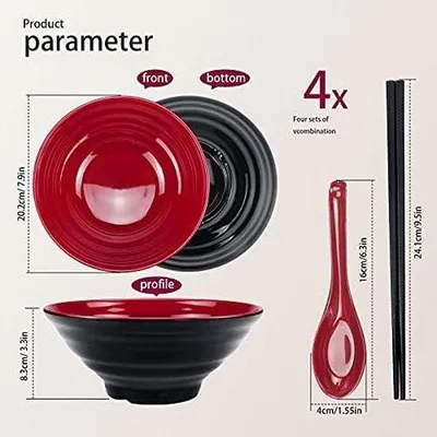 Immagine prodotto di Set di ciotole per ramen, capacità 1032 ml, ciotola per zuppa giapponese con cucchiaio e bacchette, per pasta, udon, noodles asiatici, mix rosso-nero (4 pezzi)