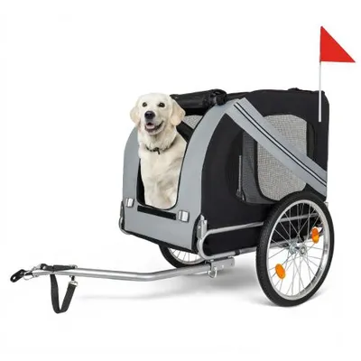 Produktbild von Hunde Fahrradanhänger (bis 40 kg) Grau-Schwarz mit Sicherheitsdrehkupplung, Lastenanhänger Fahrrad mit Fliegengitter & Regenschutz
