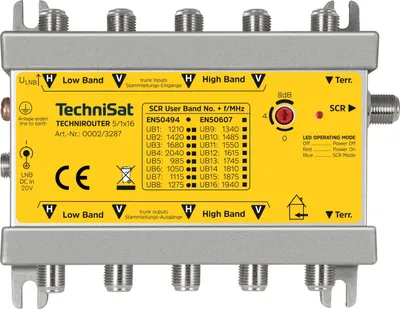 Produktbild von TechniSat TECHNIROUTER 5/1x16 Verteilung von einem Satellit (4 SatBlöcke) auf einen Kabelstrang für 16 Teilnehmer, silber-gelb