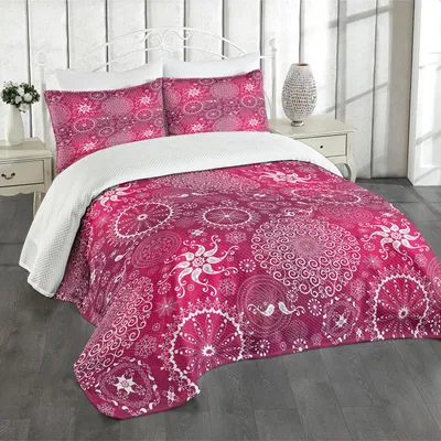 Immagine prodotto di ABAKUHAUS Set copriletto viola Mandala, motivo floreale vintage stilizzato boemo e motivo turco anatolico, 220 x 220 cm, magenta bianco