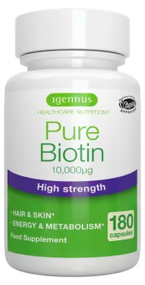 Obrázek produktu pro Biotin 10 000 µg vitamin B7 D-biotin – normální stav vlasů a pokožky, nervový systém, energetický metabolismus, Igennus 180 kapslí