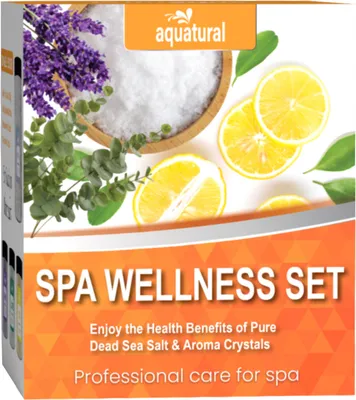 Produktbild von Aquatural Spa Wellness Set mit aromatischen Badekristallen & Totes Meer Salz - Zitrone, Eukalyptus, Lavendel