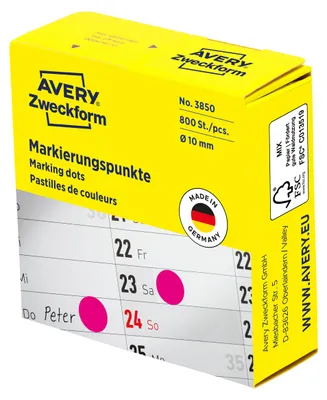 Produktbild von Avery Zweckform 3850, Markierungspunkte, ? 10 mm, 800 Markierungspunkte / 1 Rolle, magenta