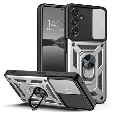 A phone case with a ring holder and camera cover is shown from multiple angles.