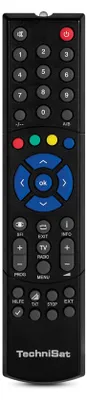 A black TechniSat remote control is shown against a black background.