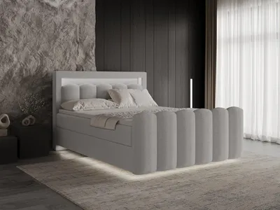 Image de Chilly Möbel Design Lit Luméra - Lit boxspring effet flottant avec coffre, LED, matelas et surmatelas 140x200 cm / H2 / Bouclé / Gris