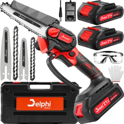 Produktbild von DELPHI Professionelle Mini-ElektroKettensäge 4" und 6" 1000W Baumsäge mit 2 Batterien + Ladegerät, Mini Elektro Kettensäge, für Garten Holzschneiden