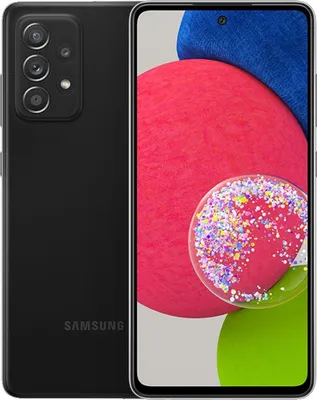 A black Samsung Galaxy smartphone is shown from the back and front.