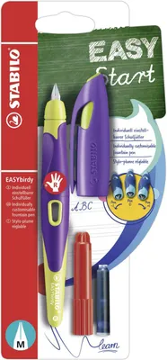 Obrázek produktu pro Ergonomické plnicí pero pro praváky se standardním hrotem M - STABILO EASYbirdy fialová/žlutá - B-53286-5 - vč. bombičky s modrým zmizíkovatelným inkoustem a adaptačního šroubu