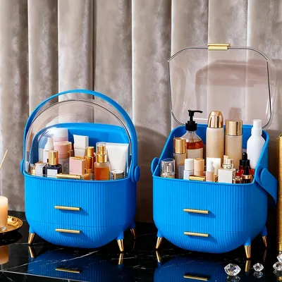 Produktbild von ZMH Make-Up Organizer Kosmetikorganizer mit 2 Schubladen Aufbewahrungsbox(26x16x38 cm)für Kosmetik Lippenstifte Schlafzimmer Kommode Dunkelblau