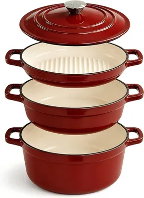 Imagen del producto de Juego de ollas de hierro fundido esmaltado, 4 piezas, incluye una olla holandesa, apto para inducción, 25 cm, color rojo