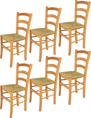 Image de t m c s Tommychairs - Lot de 6 chaises VENICE pour la cuisine et la salle à manger, structure robuste en bois de hêtre laqué couleur miel et assise en paille