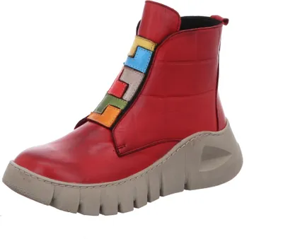 A single red boot with colorful geometric accents on a white background.