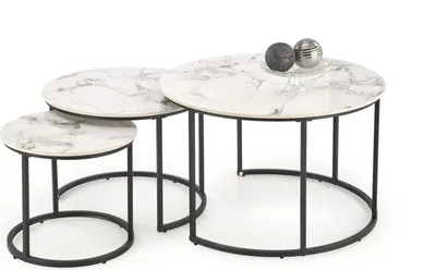A set of three nesting coffee tables with white marble-look tops and black metal frames, displayed on a white background.