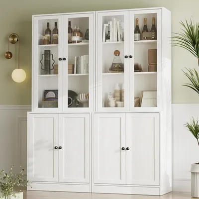 Immagine prodotto di Libreria con ante in vetro, 5 ripiani, 180 cm di altezza, colore bianco, set da 2