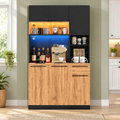 Produktbild von MODFU Küchenschrank mit LED-Beleuchtung, 100 × 40 × 180 cm,Hochschrank mit Steckdose und USB, Vorratsschrank mit 6 Türen und 1 Schublade, Schwarz+Natur