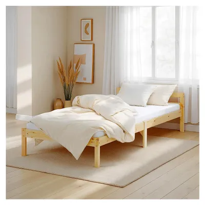 Produktbild von Holzbett 90x200 mit Lattenrost aus Kiefer, Plattformbett in Natur, Einzelbett, Gästebett, Massivholzbett für das Schlafzimmer