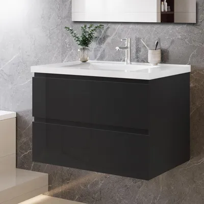 Produktbild von 80 cm Badmöbel-Set Unterschrank mit Keramik waschtisch 2 Schubladen soft-close Hochglanz Schwarz Selbstmontierter