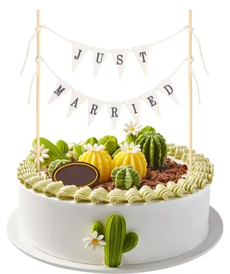 Obrázek produktu pro Svatební girlanda, dekorace na dort "JUST MARRIED", vlajková girlanda s dřevěnými tyčemi