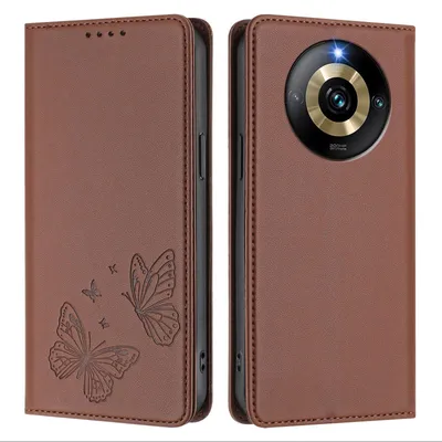 Produktbild von Lederhülle für Realme Narzo 60 Pro, Schmetterling Prägung Leder Brieftasche Schutzhülle mit Ständer Braun