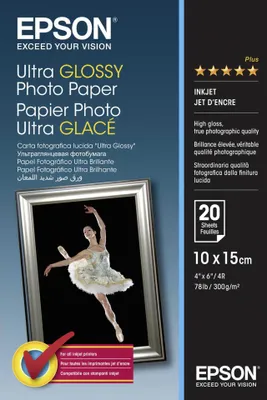 Zdjęcie produktu dla Epson Ultra Glossy Photo Paper - 10x15cm - 20 Arkuszy, Połysk, 300 g/m², 20 ark., - Expression Premium XP-900 - Expression Premium XP-830 - Expression Premium XP-820 - Expression..., 100 mm, 150 mm