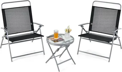 Produktbild von 3-teiliges Bistro-Set mit klappbaren 2 Stühlen und rundem Beistelltisch, wetterfestes Balkonmöbel-Set mit Metallgestell für Garten, Terrasse und Balkon, schwarz