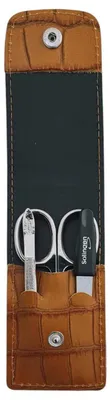 Produktbild von Solingen Maniküre Set 3-teilig – Nagelschere, Pinzette & Saphirfeile – Echtleder Etui Germany Ocker / Kroko